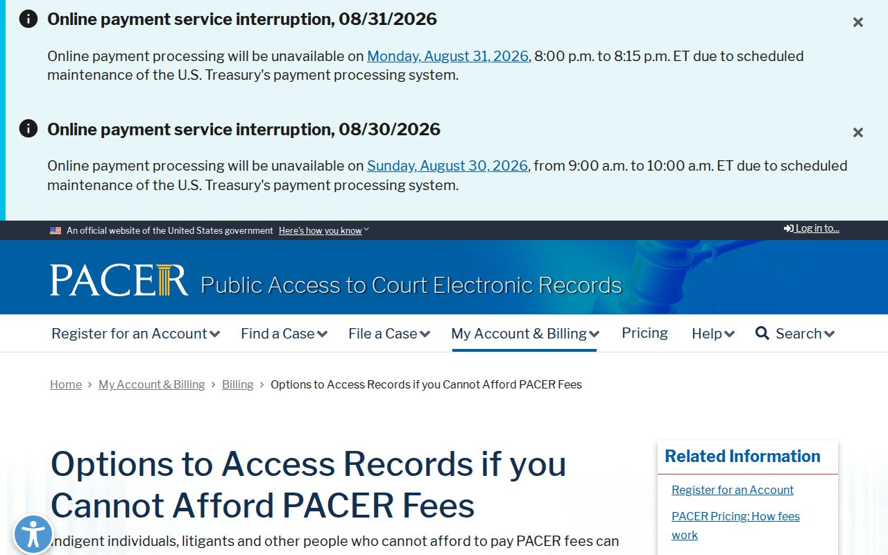 PACER guidance about federal court record access alternatives