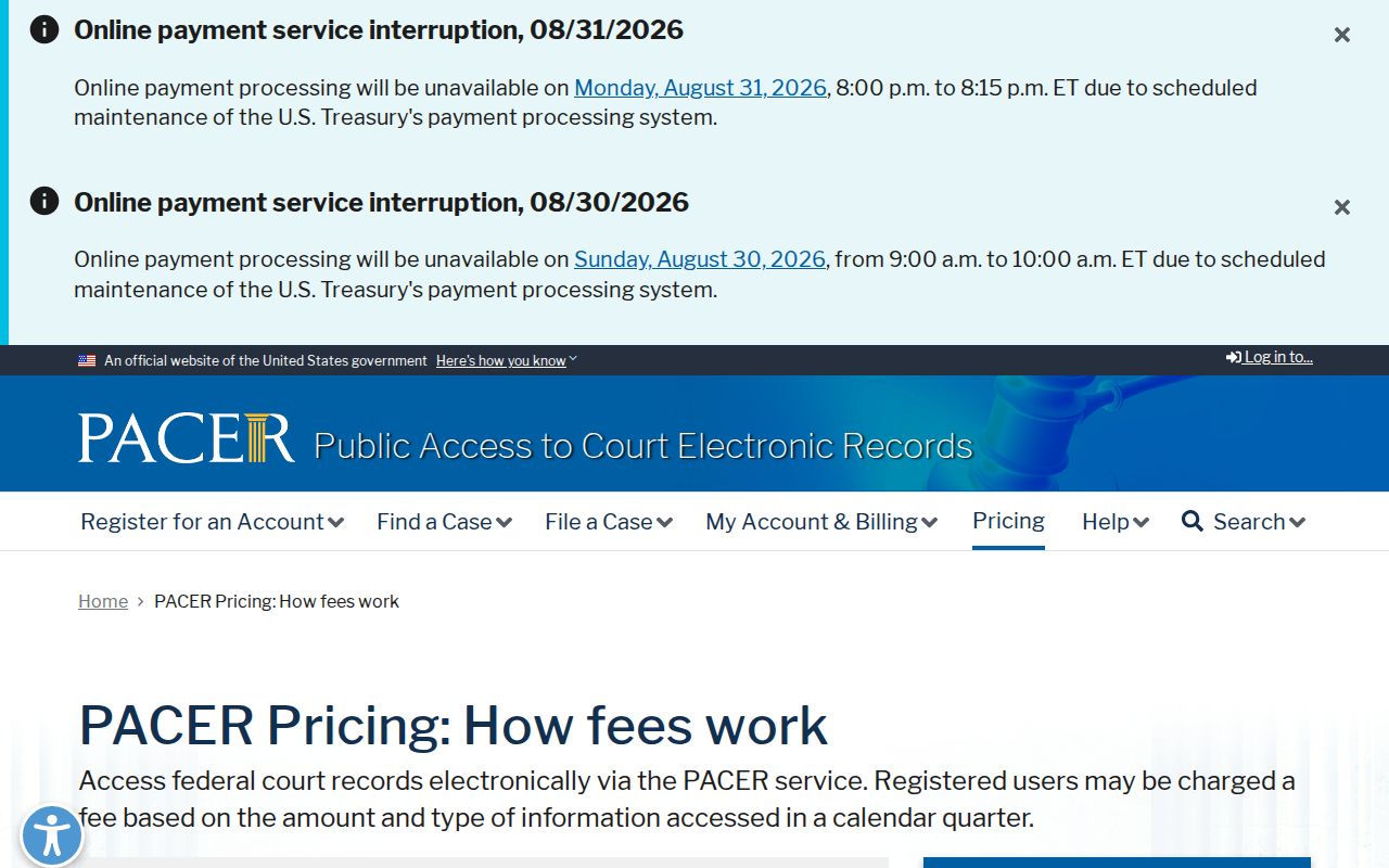 PACER pricing page explaining federal court record access